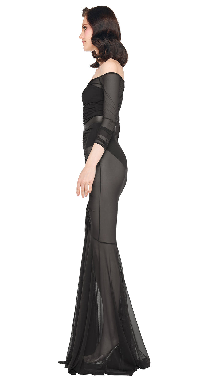 Norma Kamali OFF SHOULDER SHIRRED FISHTAIL GOWN