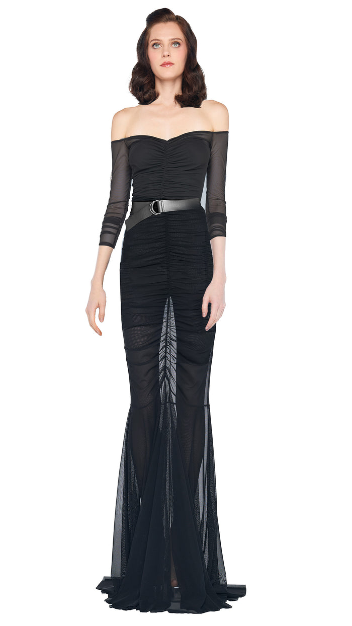 norma kamali OFF SHOULDER SHIRRED FISHTAIL GOWN