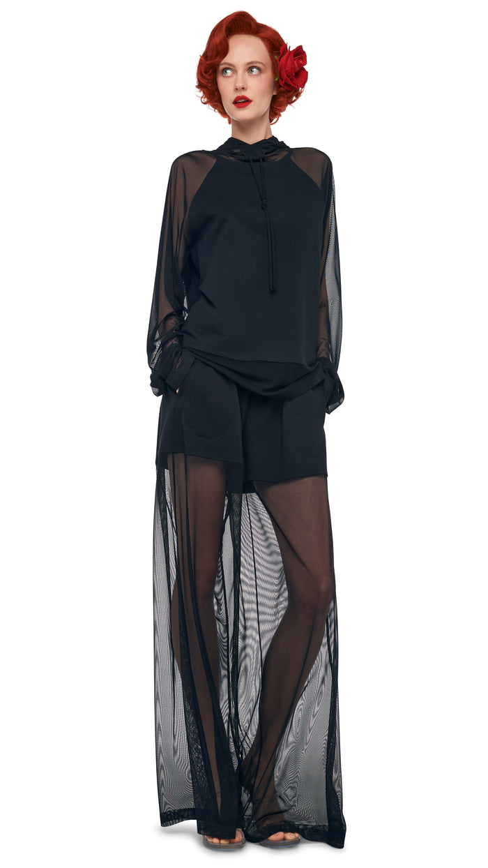 norma kamali OS RAGLAN SLEEVE HOODED TOP W/ MESH