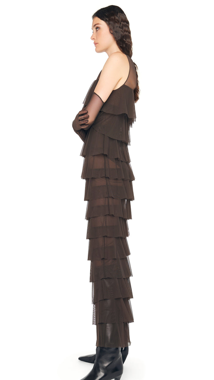 Norma Kamali SLEEVELESS TIERED RUFFLE GOWN