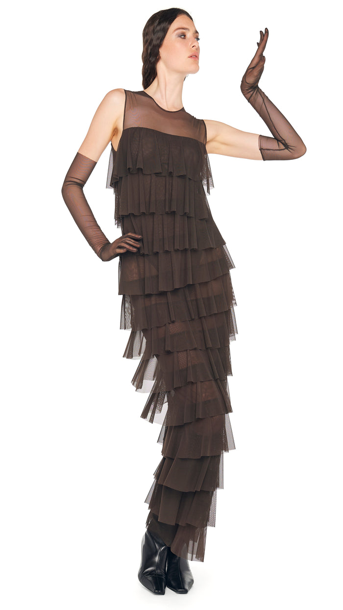 Norma Kamali SLEEVELESS TIERED RUFFLE GOWN