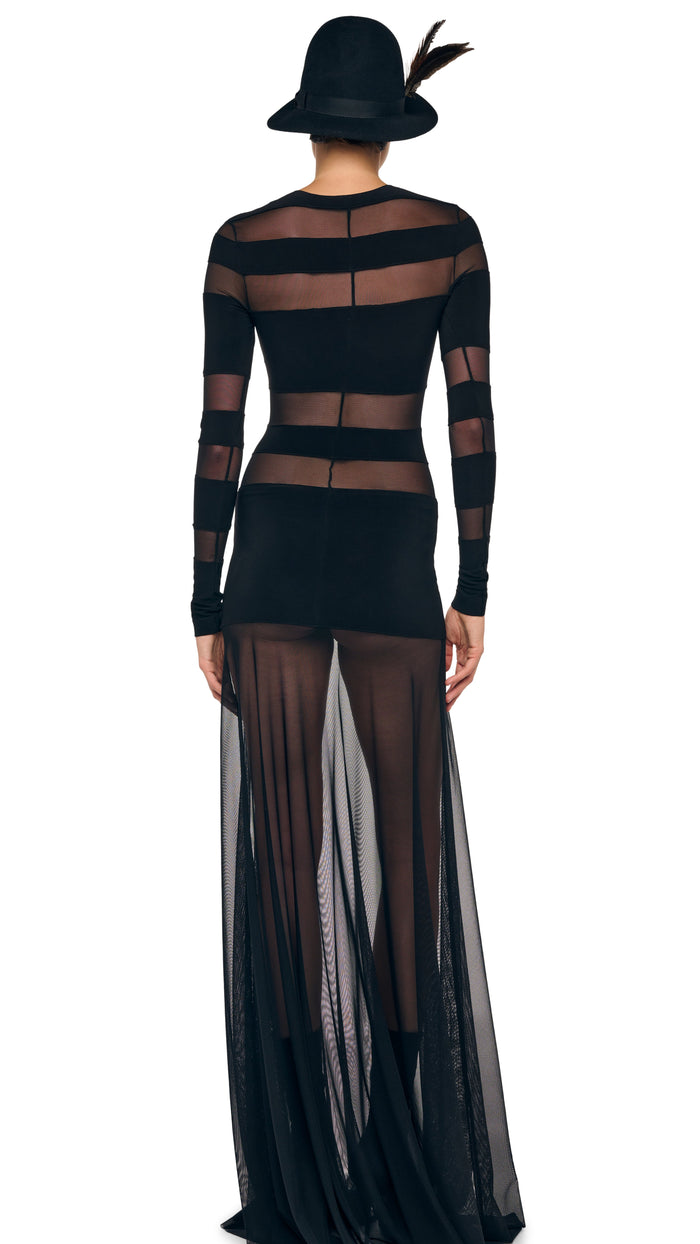 Norma Kamali SPLICED LONG SLEEVE FLARED GOWN