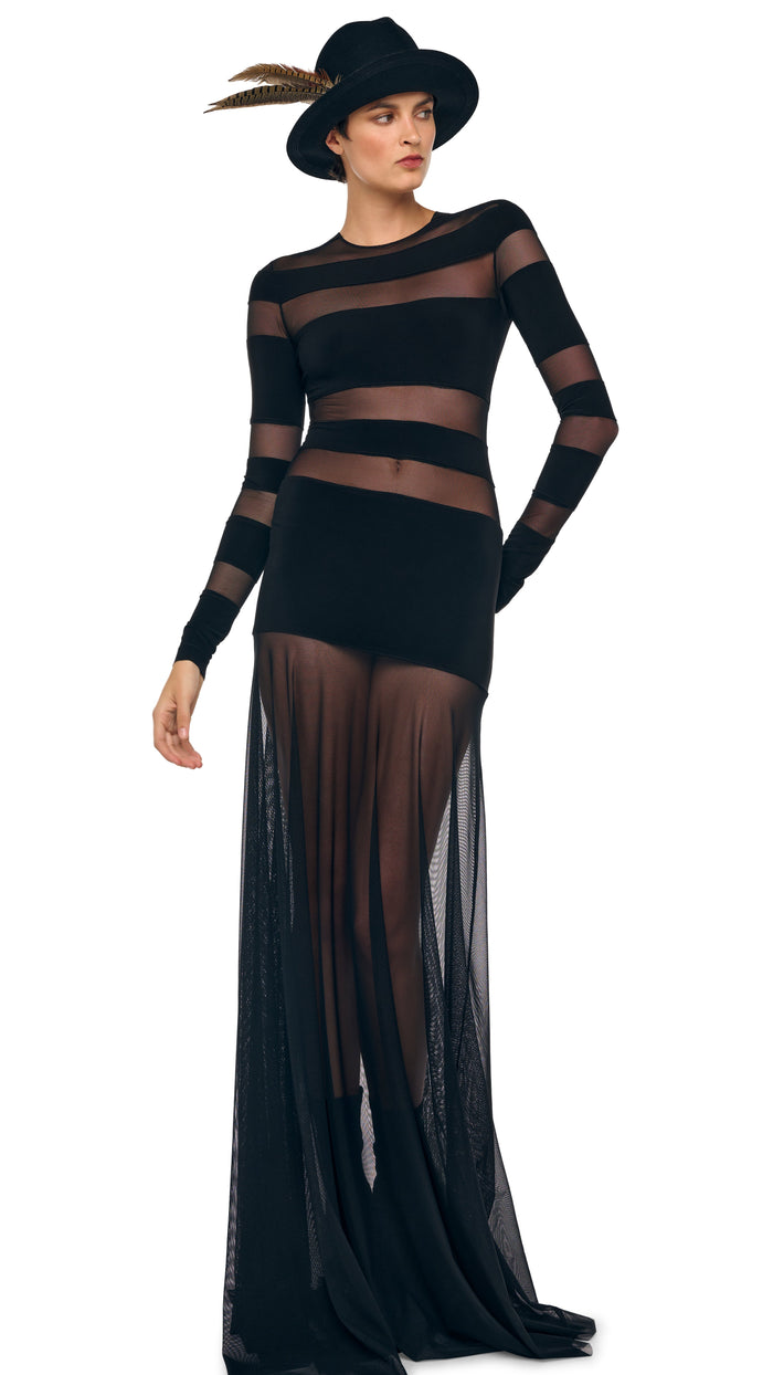 norma kamali SPLICED LONG SLEEVE FLARED GOWN