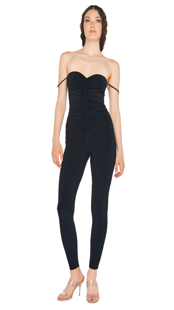 norma kamali STRAPLESS SHIRRED FRONT CATSUIT