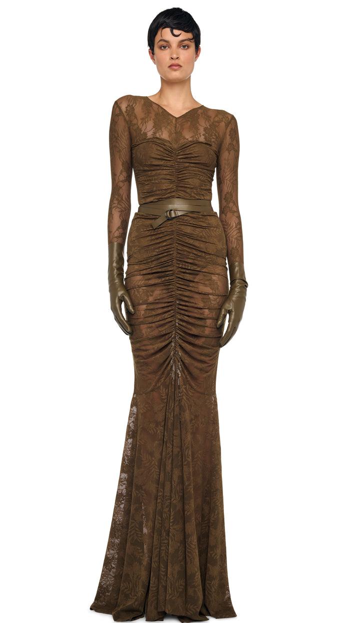 Norma Kamali V NECK SHIRRED FRONT FISHTAIL GOWN