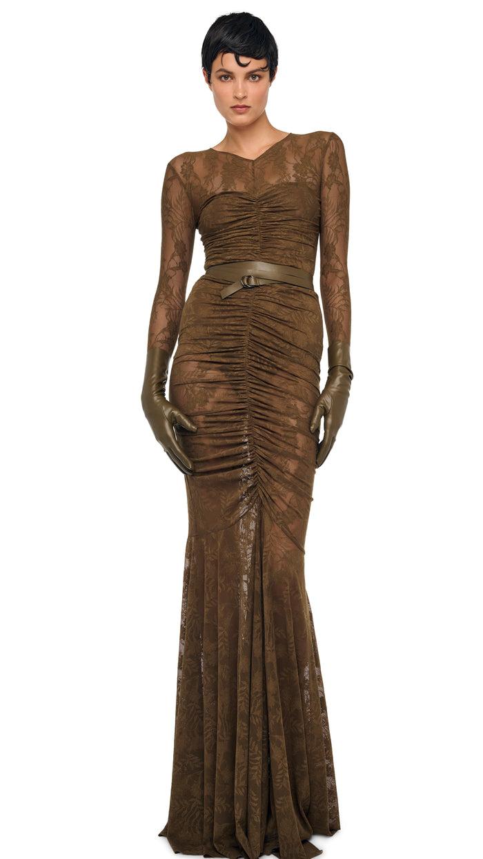 norma kamali V NECK SHIRRED FRONT FISHTAIL GOWN