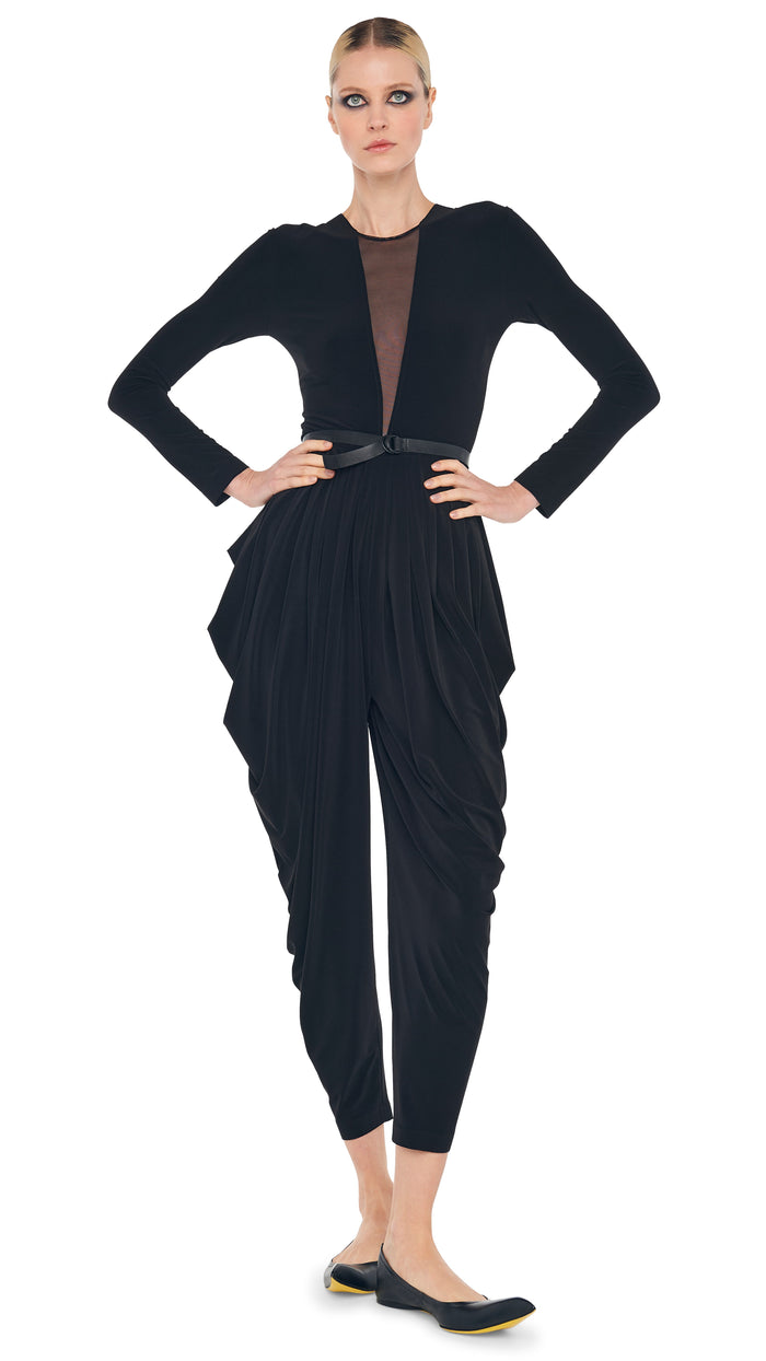 Norma Kamali WATERFALL JUMPSUIT W/ MESH INSERT