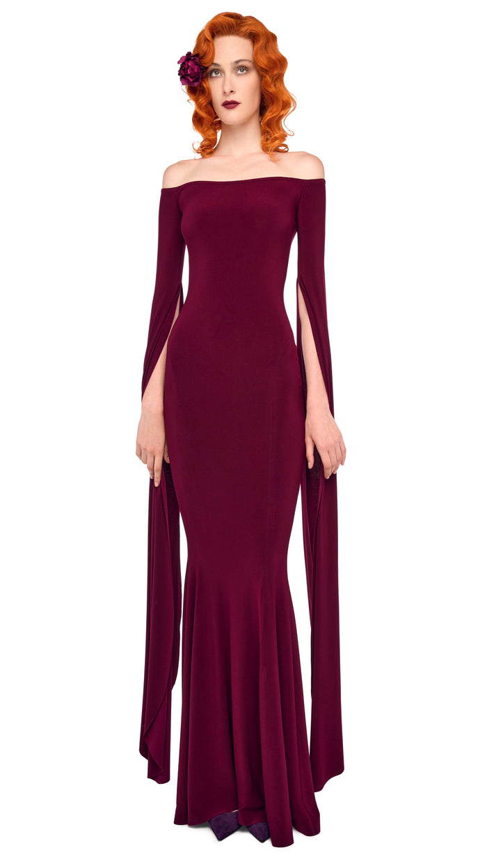 norma kamali OFF SHOULDER RIBBON SLEEVE FISHTAIL GOWN