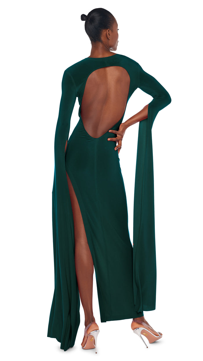 Norma Kamali OPEN BACK RIBBON SLEEVE WIDE SLIT GOWN