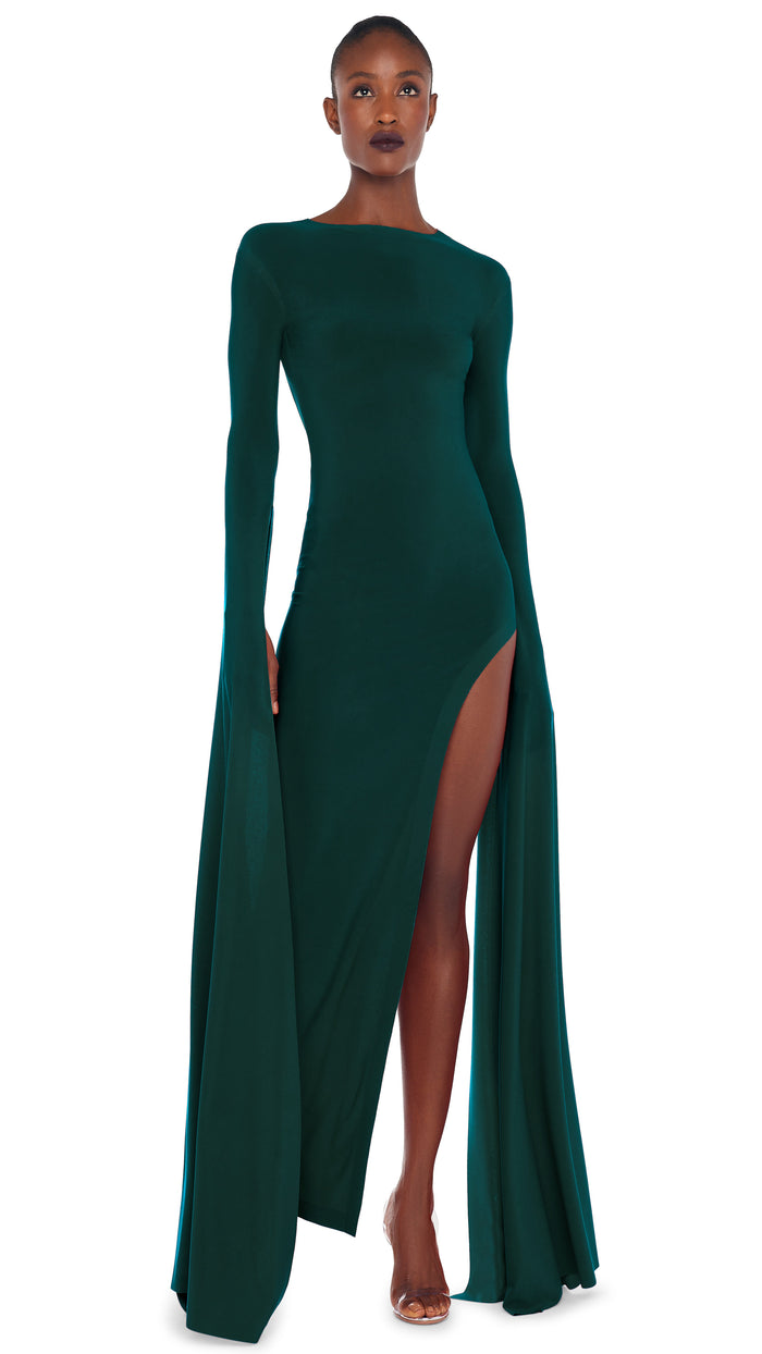 norma kamali OPEN BACK RIBBON SLEEVE WIDE SLIT GOWN