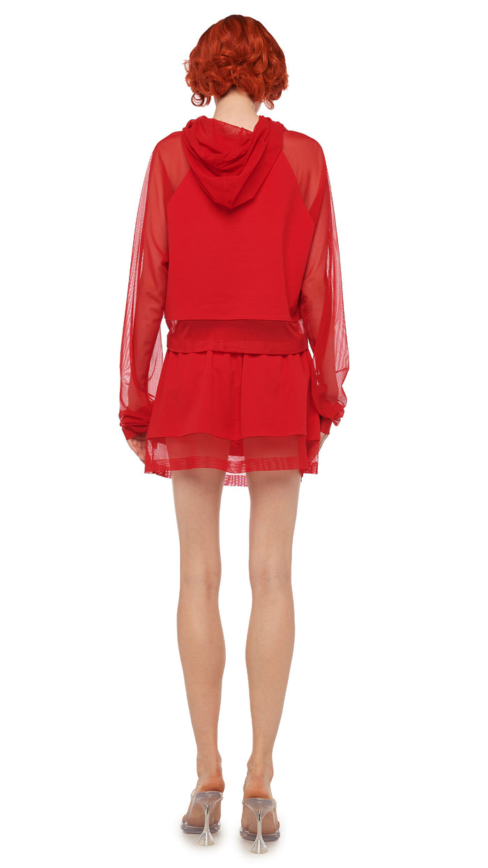 Norma Kamali OVERSIZED RAGLAN SLEEVE HOODED CROPPED TOP W/ MESH