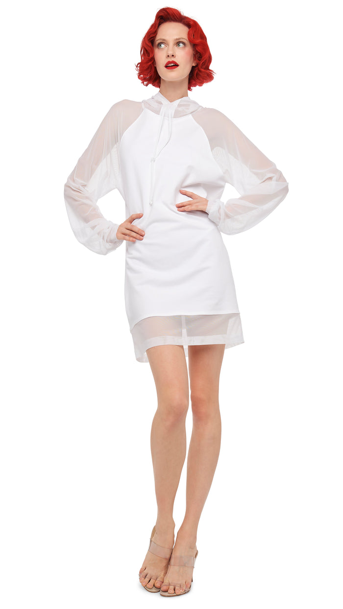Norma Kamali OVERSIZED RAGLAN SLEEVE HOODED MINI DRESS W/ MESH