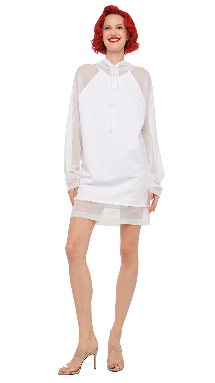 norma kamali OVERSIZED RAGLAN SLEEVE HOODED MINI DRESS W/ MESH