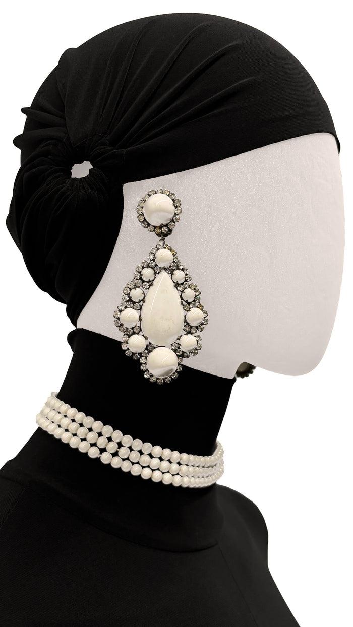 Norma Kamali RHINESTONE & MILK GLASS TEARDROP PENDANT EARRINGS