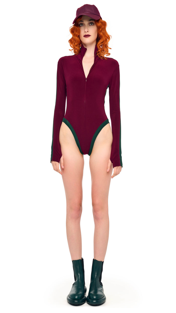 norma kamali SIDE STRIPE ZIP FRONT L/S TURTLENECK BODYSUIT