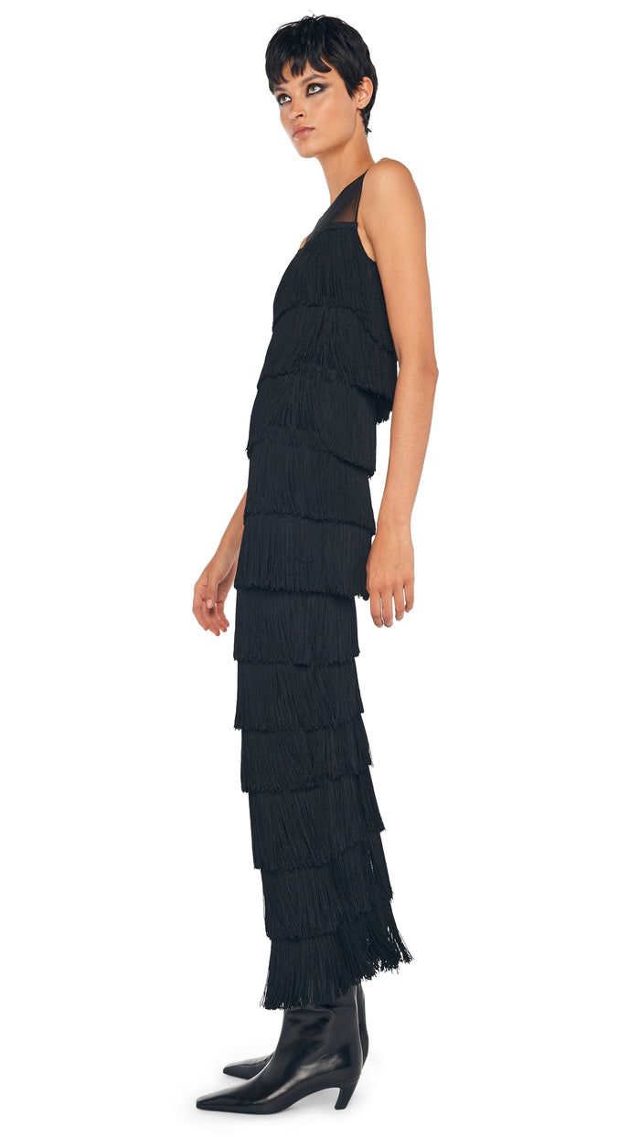 Norma Kamali SLEEVELESS ALL OVER FRINGE LONG DRESS W/ BACK SLIT