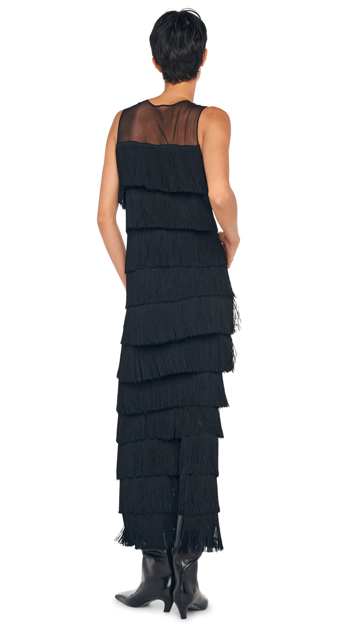 Norma Kamali SLEEVELESS ALL OVER FRINGE LONG DRESS W/ BACK SLIT