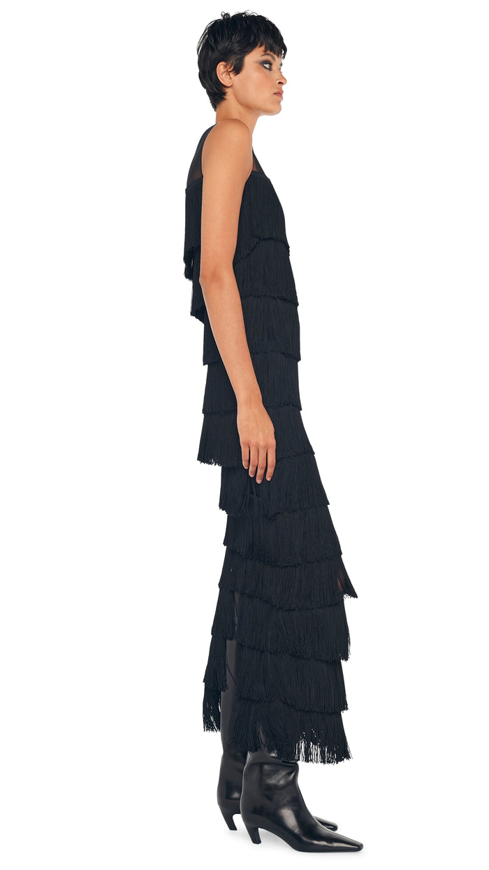 Norma Kamali SLEEVELESS ALL OVER FRINGE LONG DRESS W/ BACK SLIT