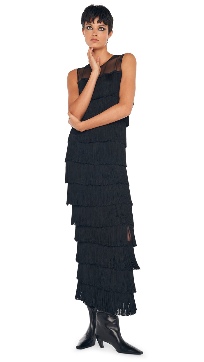 norma kamali SLEEVELESS ALL OVER FRINGE LONG DRESS W/ BACK SLIT