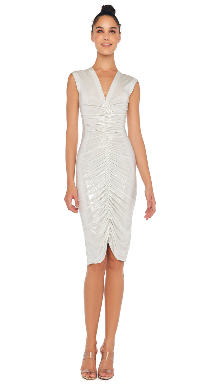 norma kamali SLEEVELESS V NECK SHIRRED FRONT DRESS TO KNEE