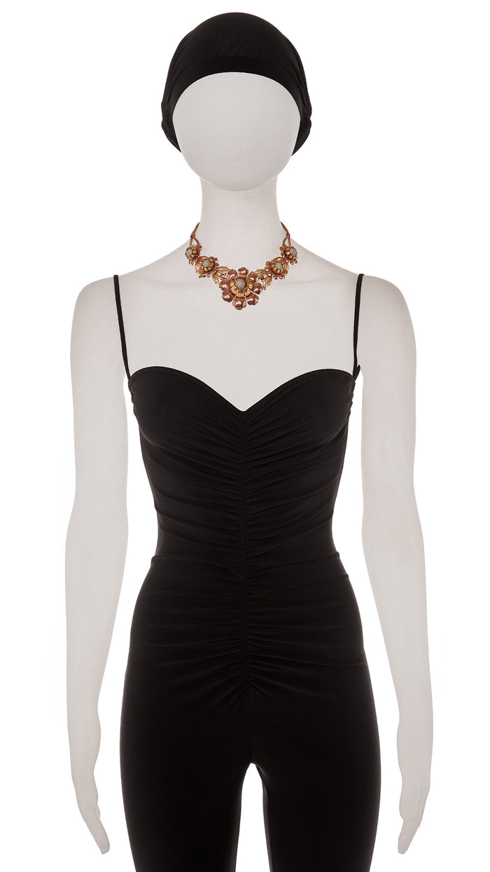 norma kamali THREE TONED BRASS FLORAL NECKLACE WITH CRYSTAL CENTER