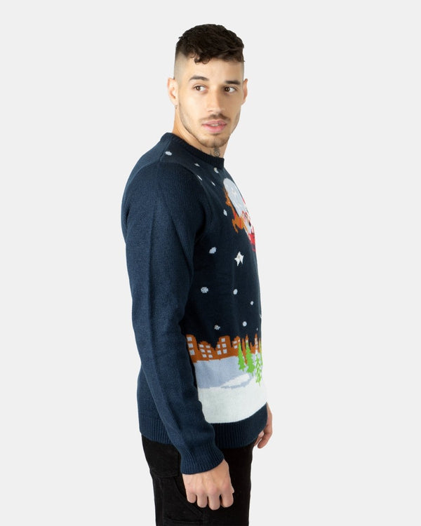 Noroze Men Flying Santa Sleigh Navy Christmas Jumper