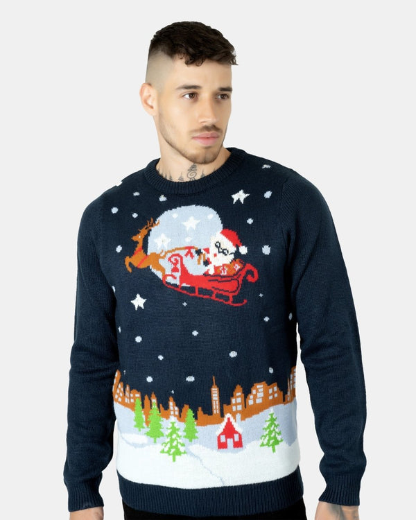 Noroze Men Flying Santa Sleigh Navy Christmas Jumper