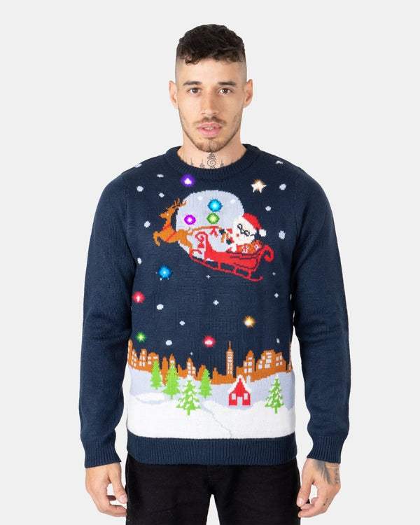 noroze Men Flying Santa Sleigh Navy Christmas Jumper