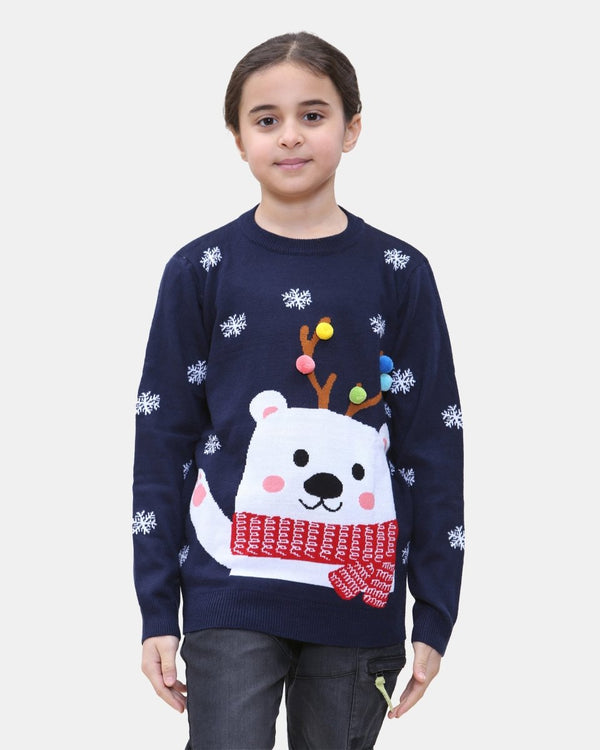 noroze Bear Navy Kids Christmas Jumpers