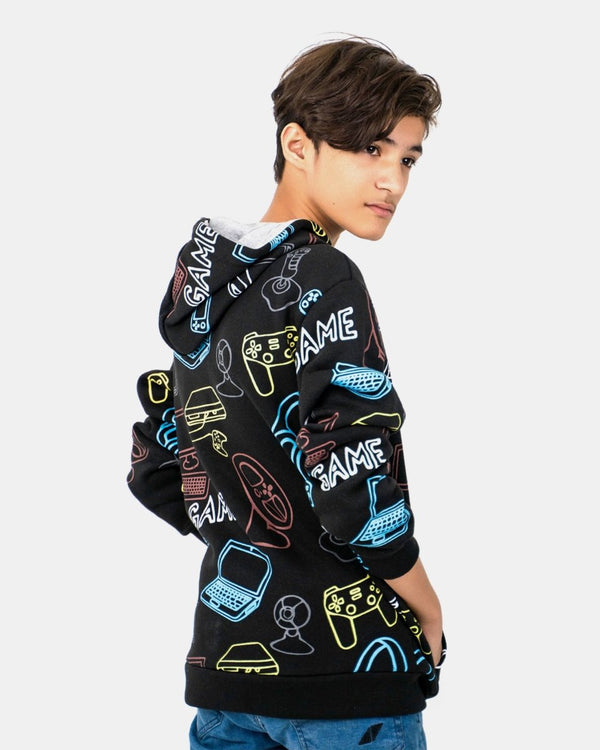 Noroze Black Boys Printed Gaming Hoodie