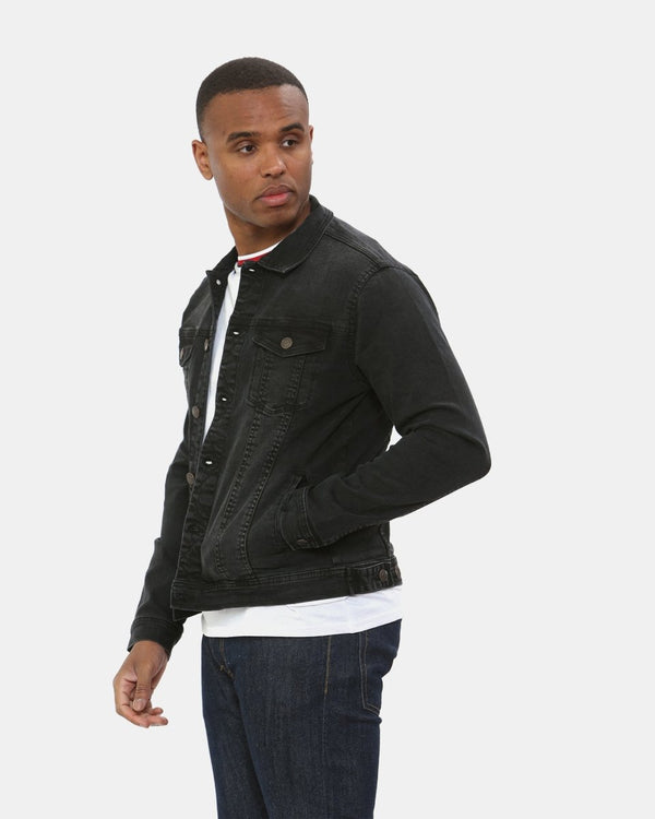 Noroze Black Denim Jacket Classic Buttoned-Cuffs