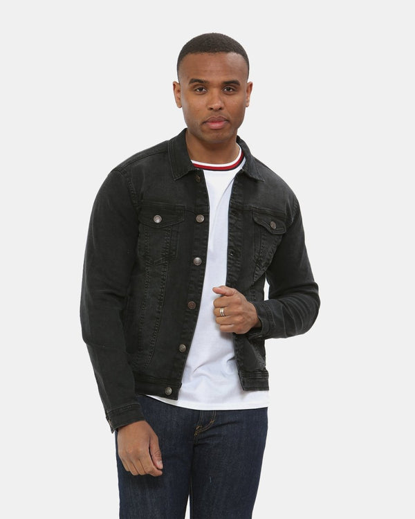 Noroze Black Denim Jacket Classic Buttoned-Cuffs