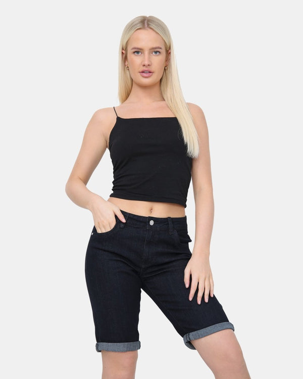 noroze Black Denim Stretchy Bermuda Shorts