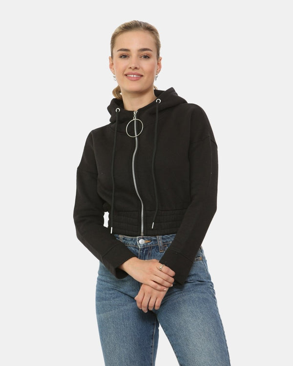 noroze Black Ladies Zip-Crop Hoodie