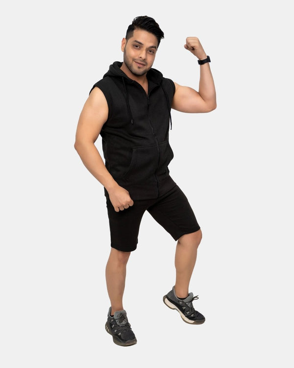 Noroze Black Mens S-Less Short Tracksuit Set