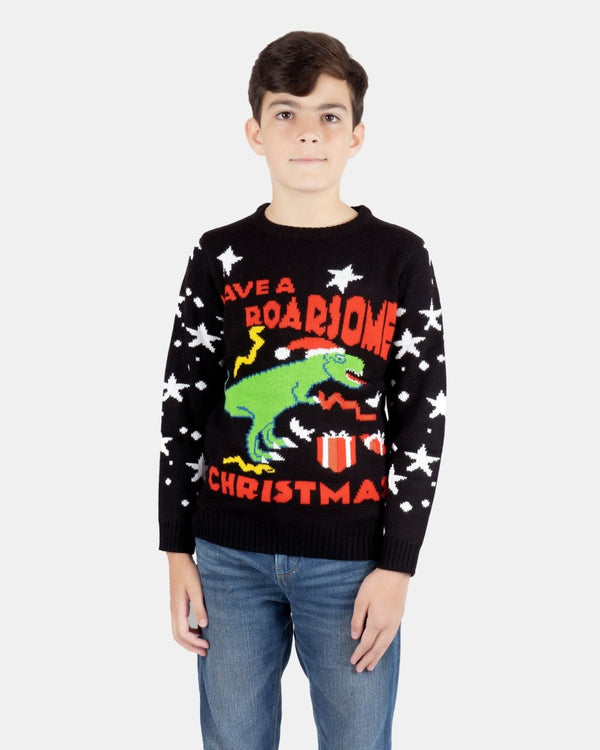 noroze Black Roarsome Kids Christmas T- Rex Jumper