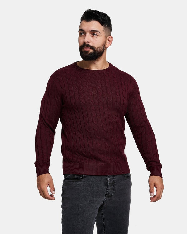 noroze Burgundy Mens Cable Knit Jumper