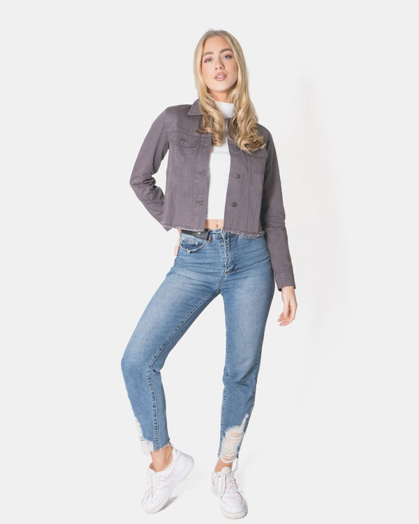 Noroze Charcoal Distressed Hem Denim Jacket