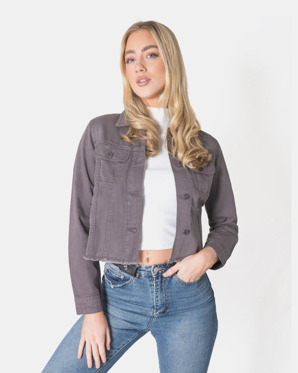 noroze Charcoal Distressed Hem Denim Jacket
