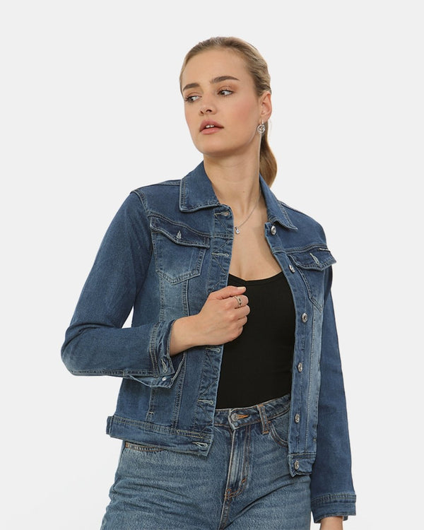Noroze Dark Blue Washed Detail Denim Jacket