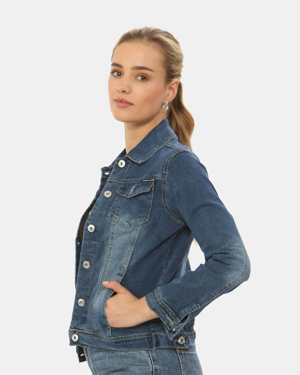 Noroze Dark Blue Washed Detail Denim Jacket