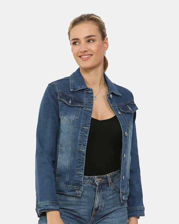 noroze Dark Blue Washed Detail Denim Jacket