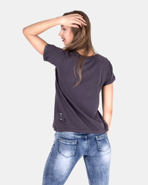 Noroze Dark Grey Ripped Holes Rounded Neck T-Shirt