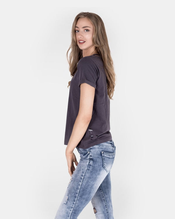 Noroze Dark Grey Ripped Holes Rounded Neck T-Shirt