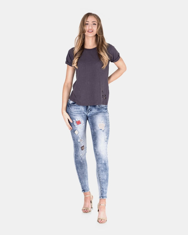 Noroze Dark Grey Ripped Holes Rounded Neck T-Shirt