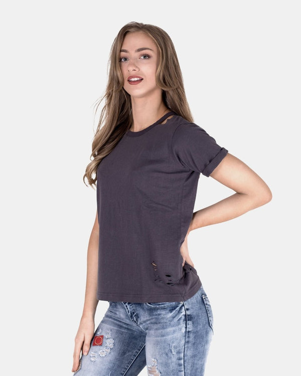noroze Dark Grey Ripped Holes Rounded Neck T-Shirt
