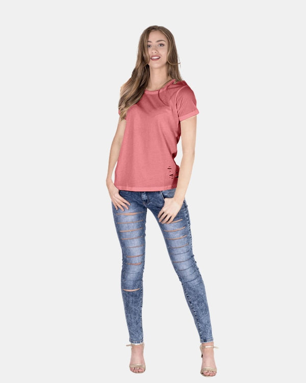 Noroze Deep Pink Ripped Holes Rounded Neck T-Shirt