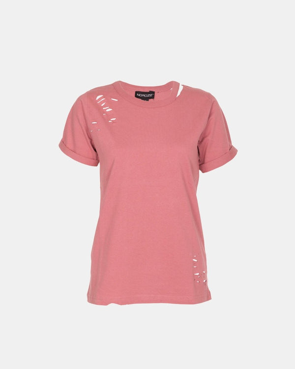 Noroze Deep Pink Ripped Holes Rounded Neck T-Shirt