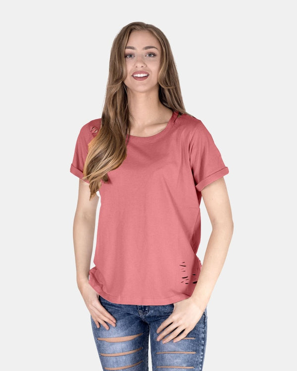 noroze Deep Pink Ripped Holes Rounded Neck T-Shirt