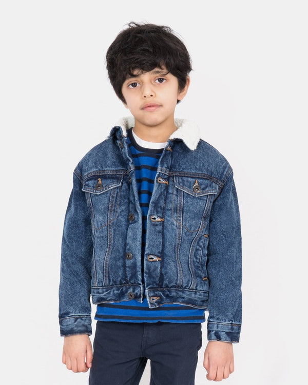 noroze Denim Blue Trucker Long Sherpa Lined Jacket
